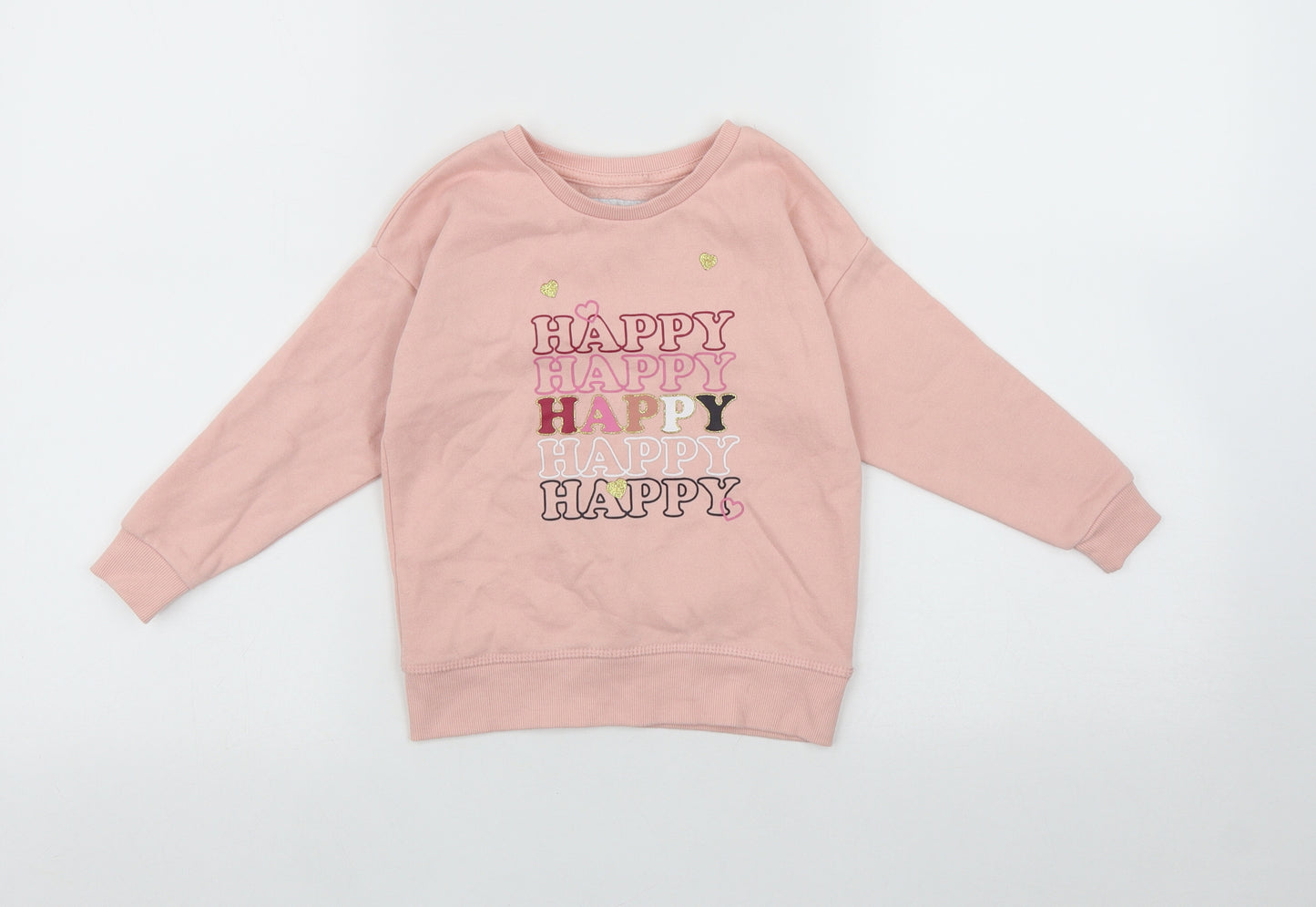 Primark Girls Pink Round Neck  Cotton Pullover Jumper Size 3-4 Years   - Happy Logo
