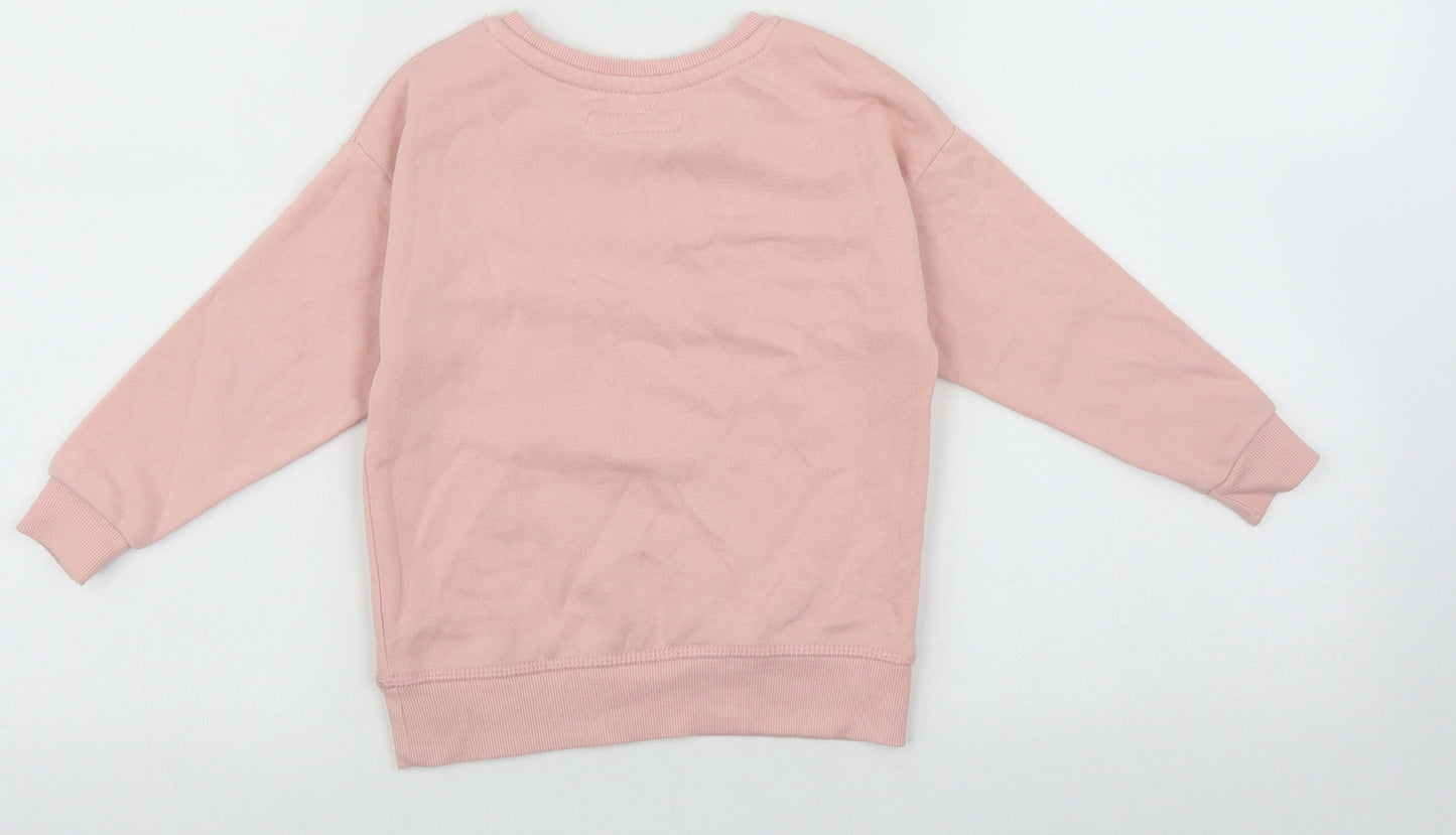 Primark Girls Pink Round Neck  Cotton Pullover Jumper Size 3-4 Years   - Happy Logo