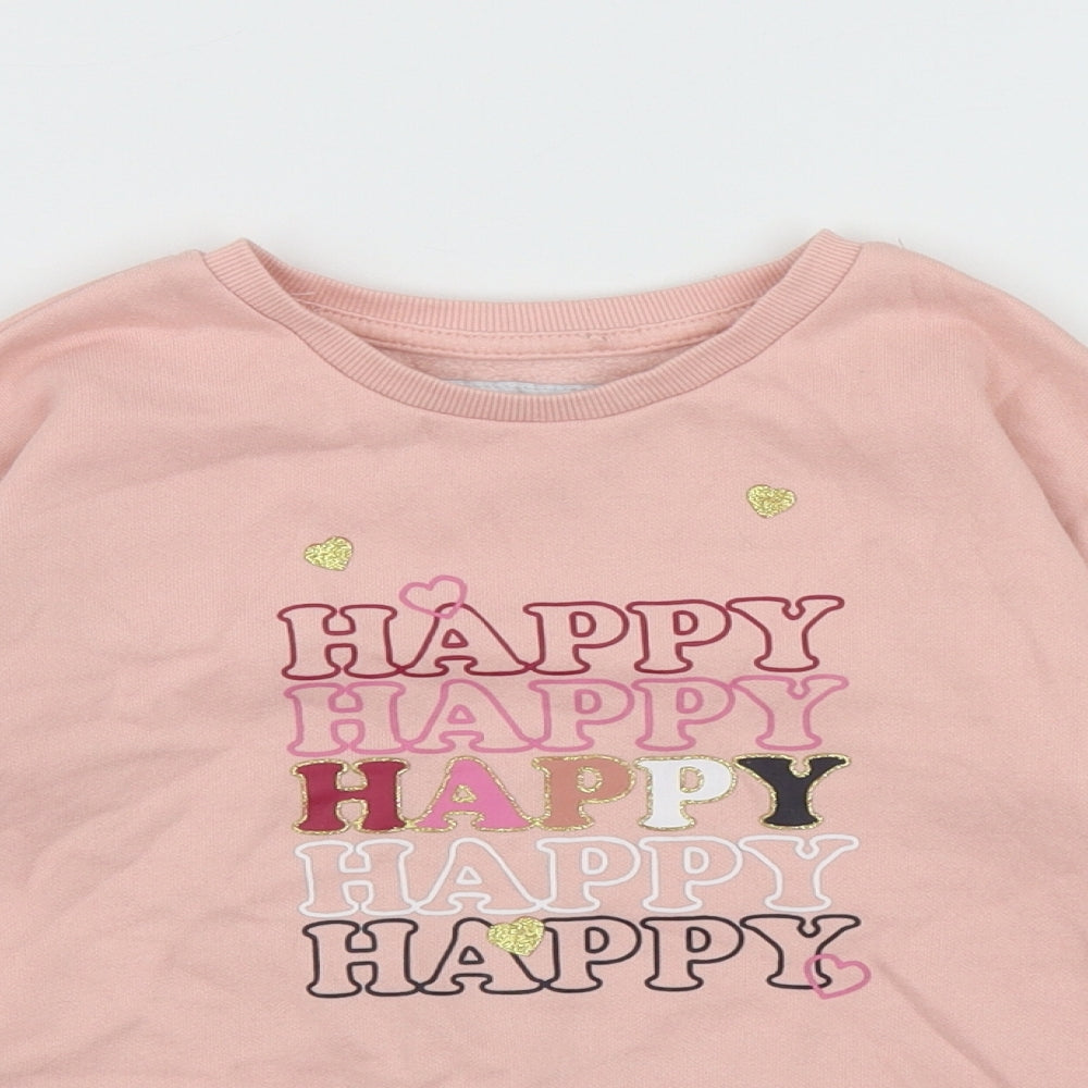 Primark Girls Pink Round Neck  Cotton Pullover Jumper Size 3-4 Years   - Happy Logo