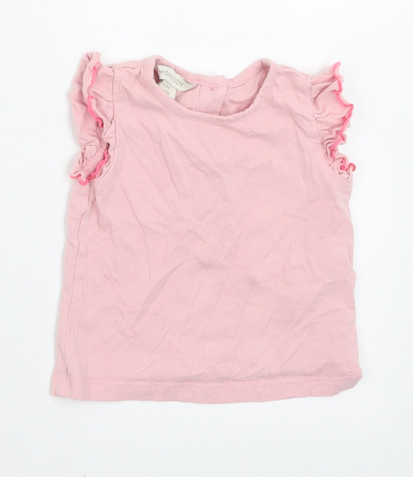 Monsoon Girls Pink  Cotton Basic T-Shirt Size 3-6 Months Crew Neck Button
