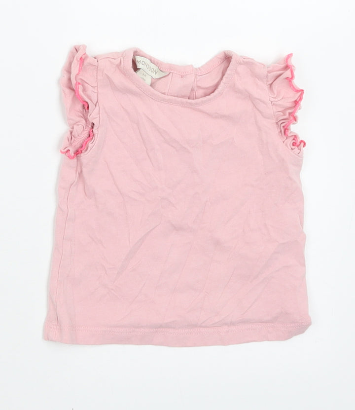 Monsoon Girls Pink Cotton Basic T-Shirt Size 3-6 Months Crew Neck Button