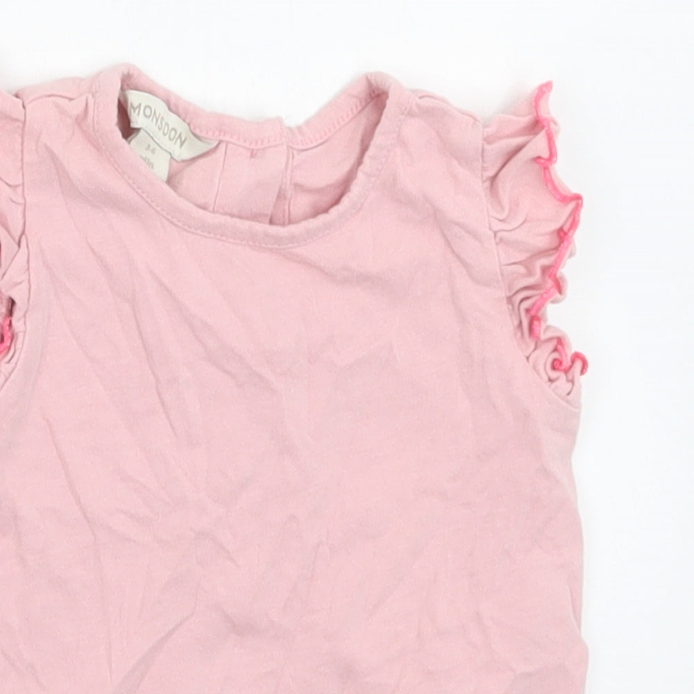 Monsoon Girls Pink  Cotton Basic T-Shirt Size 3-6 Months Crew Neck Button