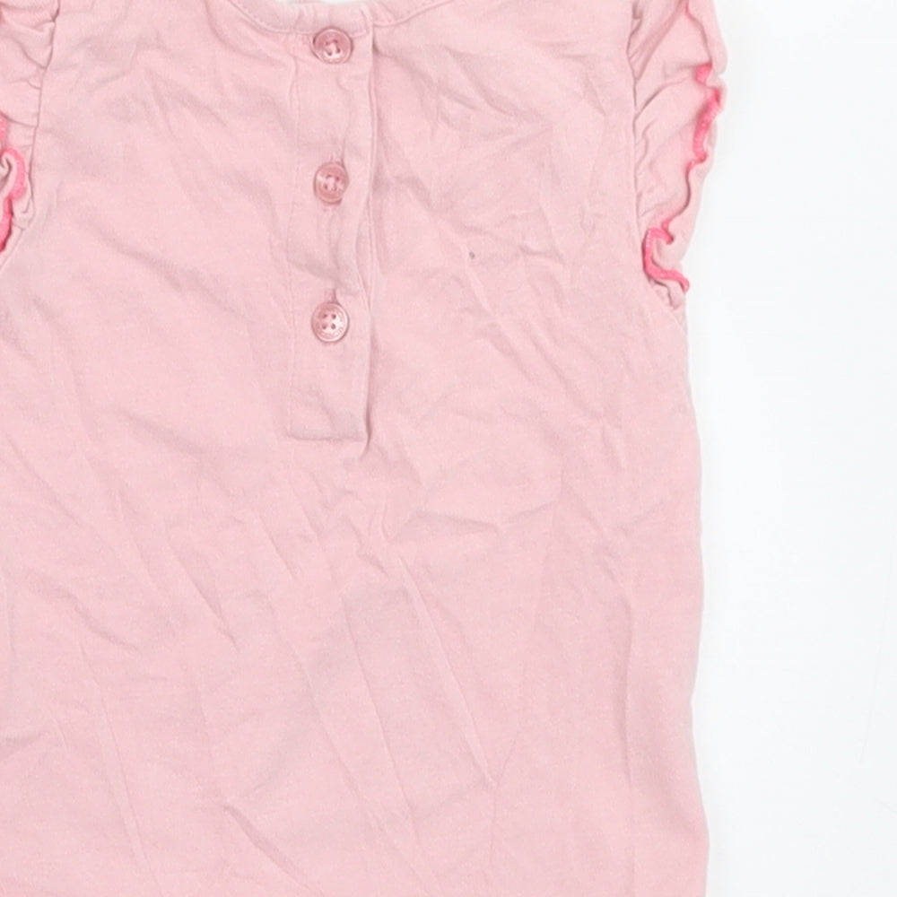 Monsoon Girls Pink  Cotton Basic T-Shirt Size 3-6 Months Crew Neck Button