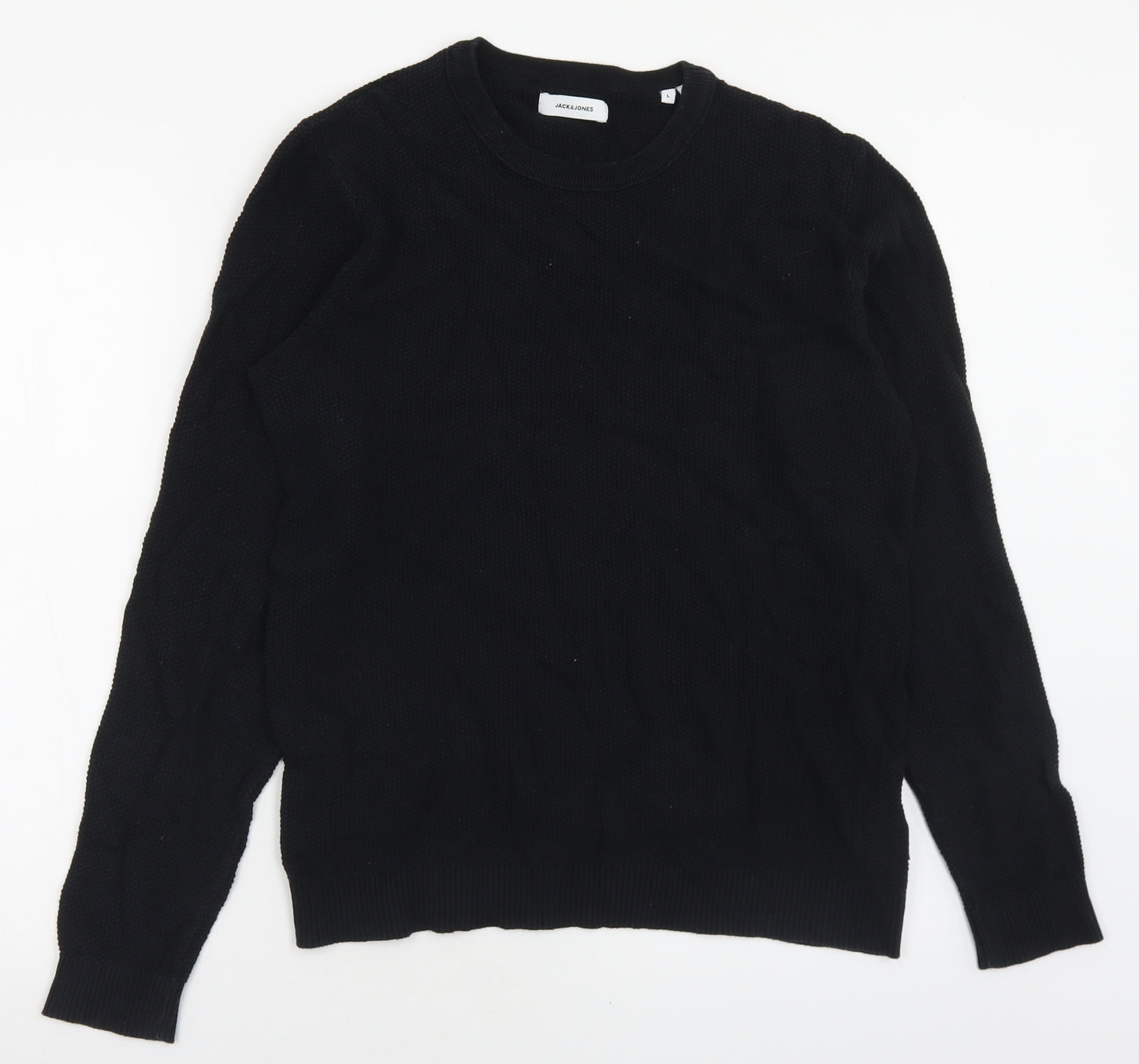 JACK & JONES Mens Black Crew Neck  Cotton Pullover Jumper Size L