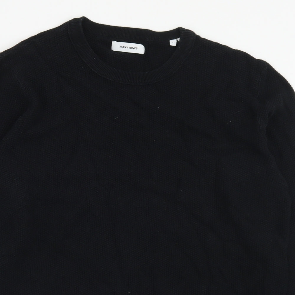 JACK & JONES Mens Black Crew Neck  Cotton Pullover Jumper Size L
