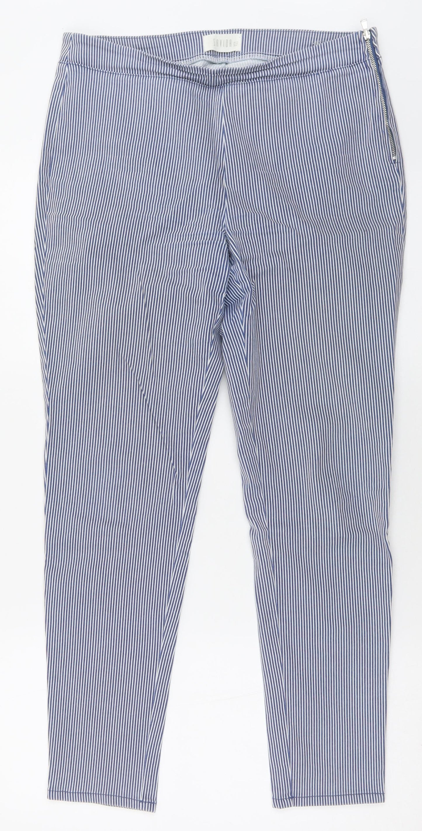 Savida Womens Blue Striped Cotton Trousers  Size 12 L28 in Regular Zip