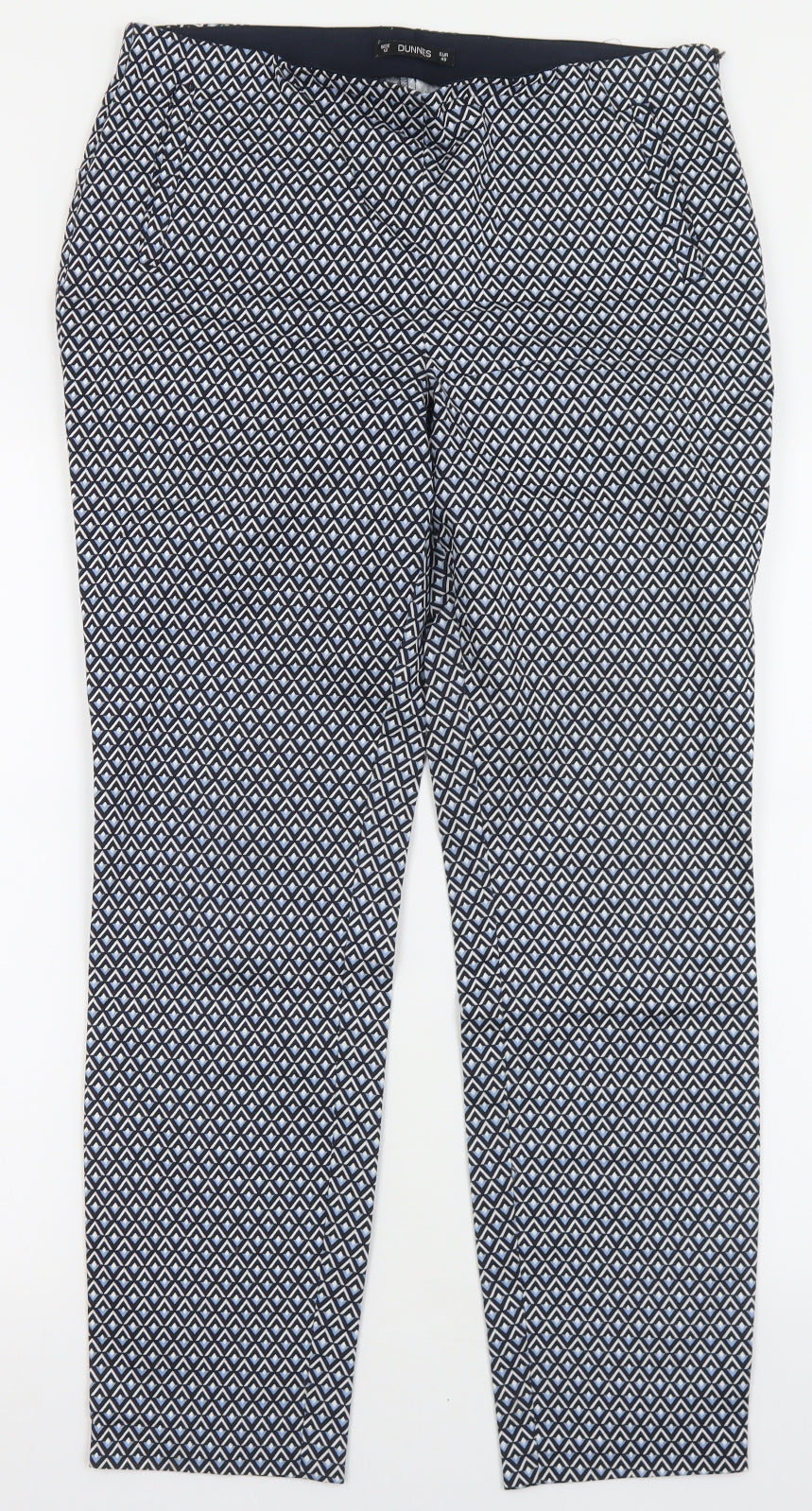 Dunnes Stores Womens Blue Geometric Cotton Trousers  Size 12 L28 in Regular Zip