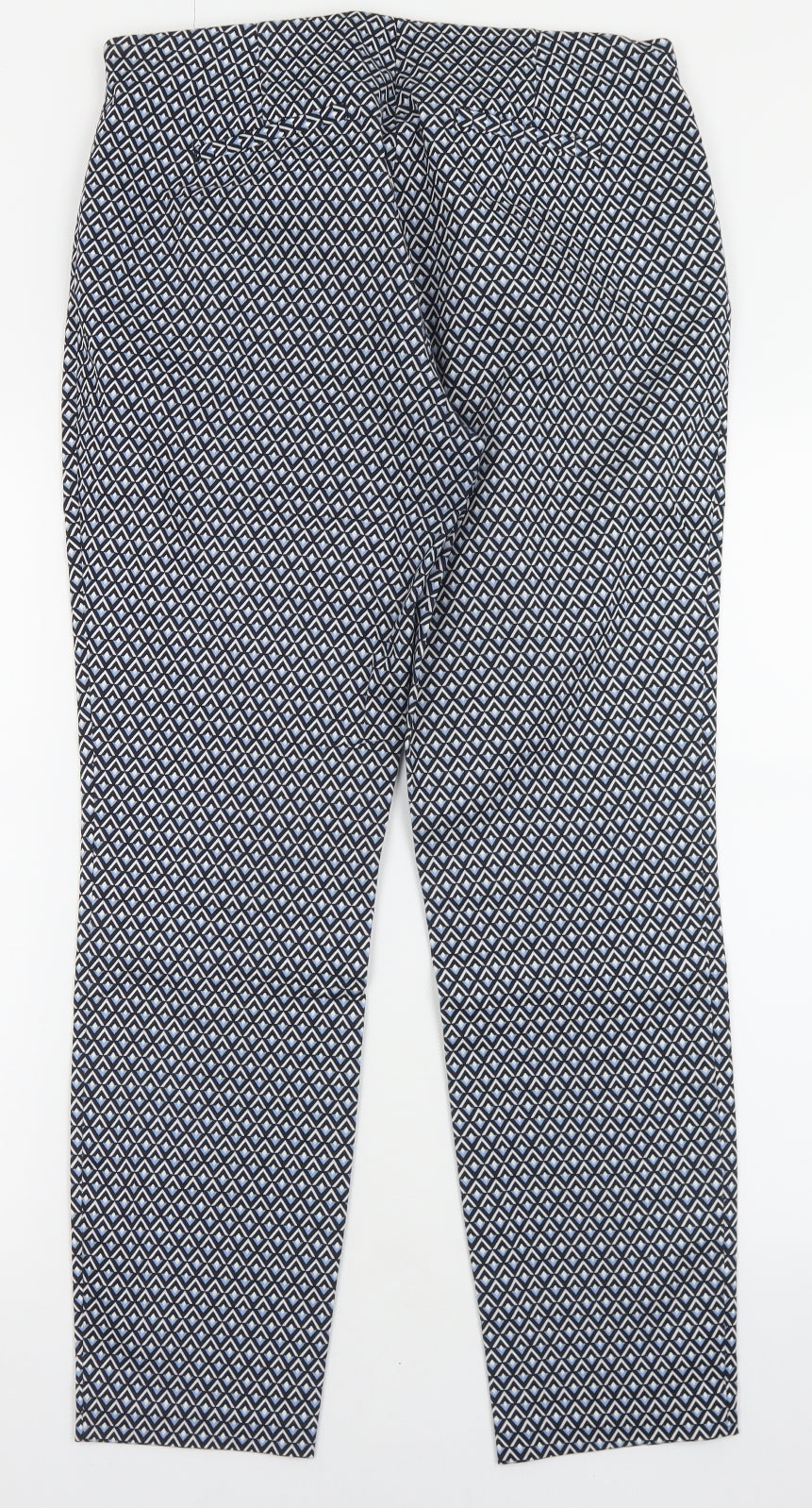 Dunnes Stores Womens Blue Geometric Cotton Trousers  Size 12 L28 in Regular Zip