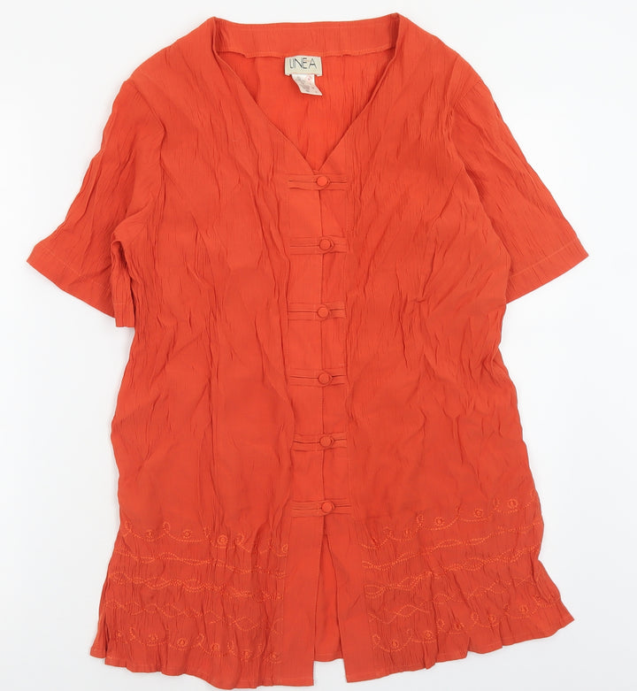 Linea Womens Orange Viscose Basic Button-Up Size 12 V-Neck