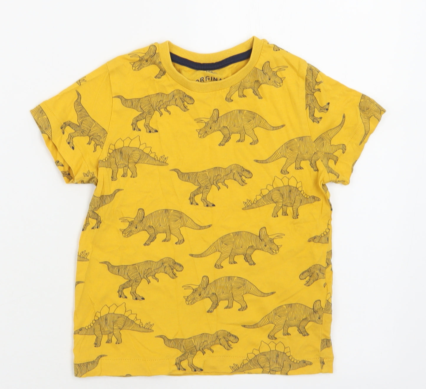 Marks and Spencer Boys Yellow Geometric Cotton Basic T-Shirt Size 3-4 Years Crew Neck Pullover