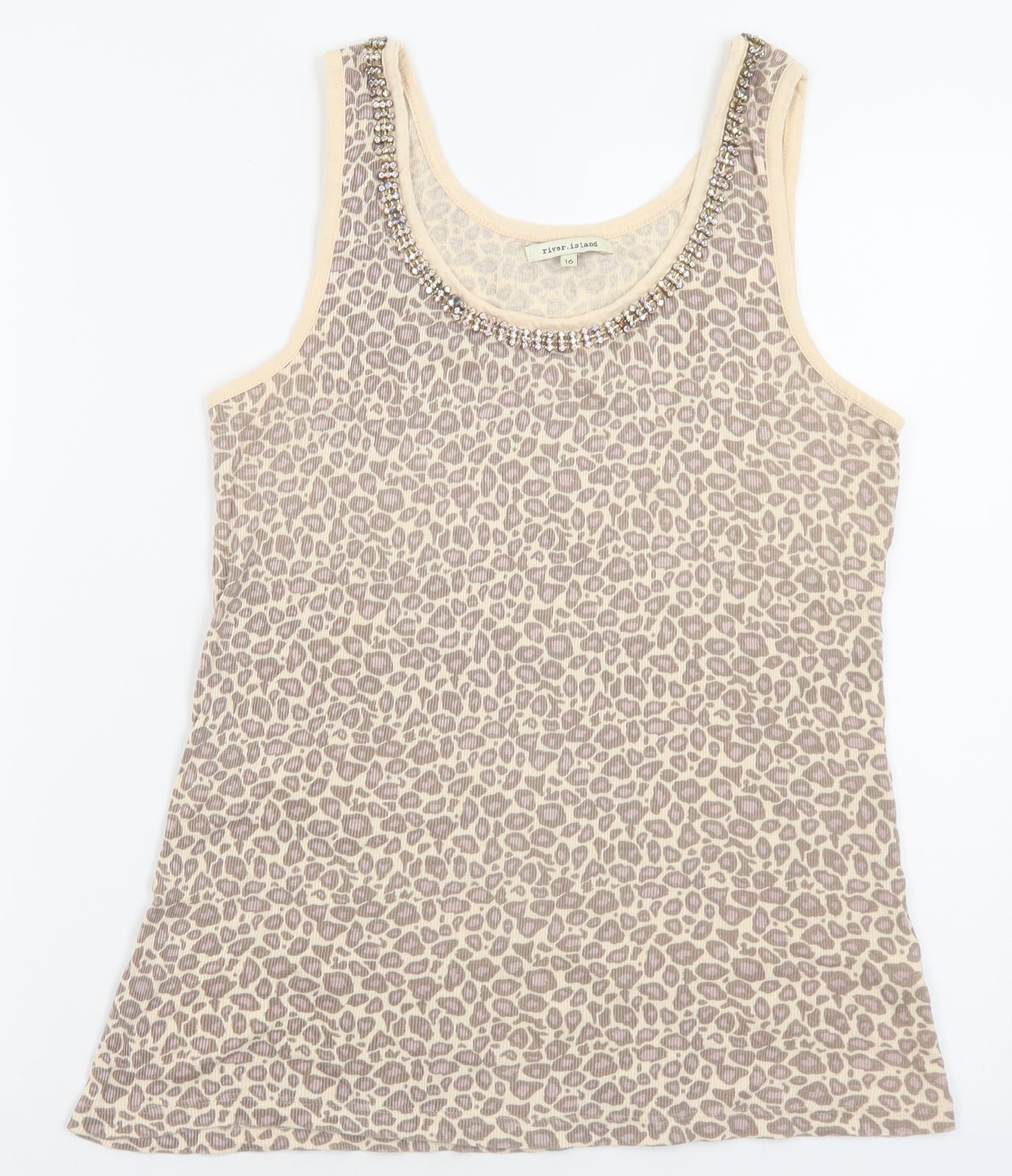 River Island Womens Brown Animal Print Cotton Basic Tank Size 16 Scoop Neck