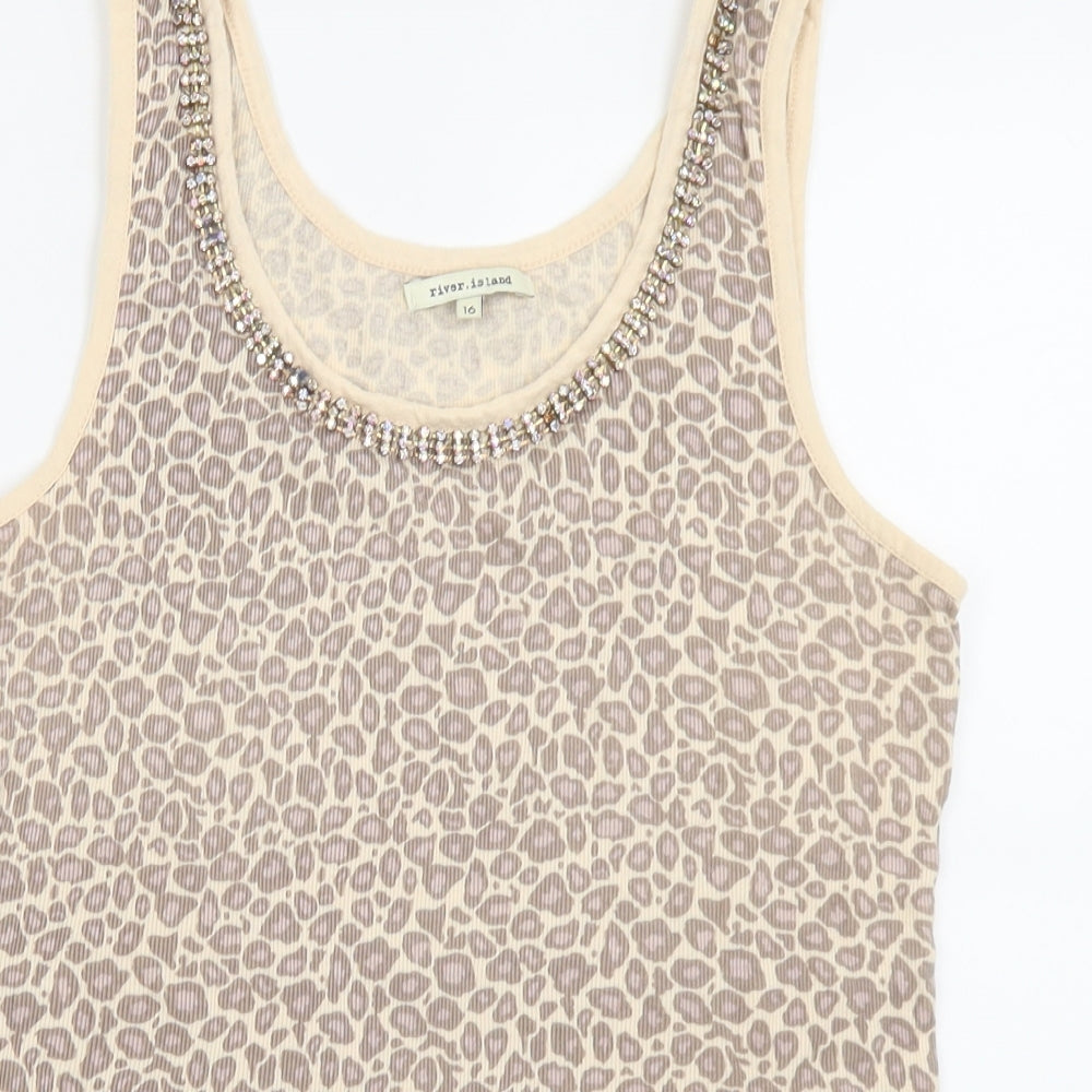 River Island Womens Brown Animal Print Cotton Basic Tank Size 16 Scoop Neck