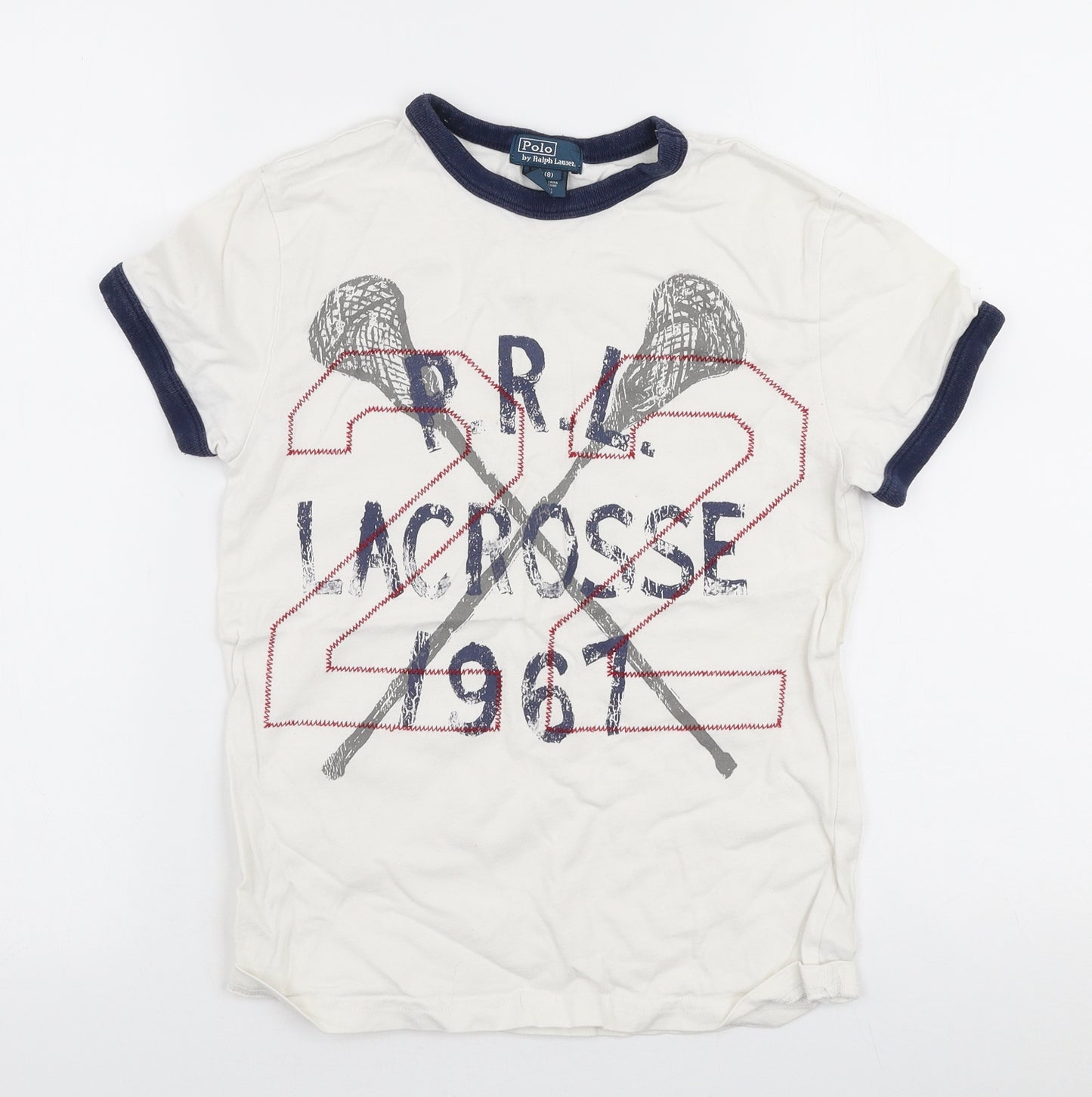 Ralph Lauren Boys White  100% Cotton Jersey T-Shirt Size 8 Years Round Neck Pullover - Lacrosse