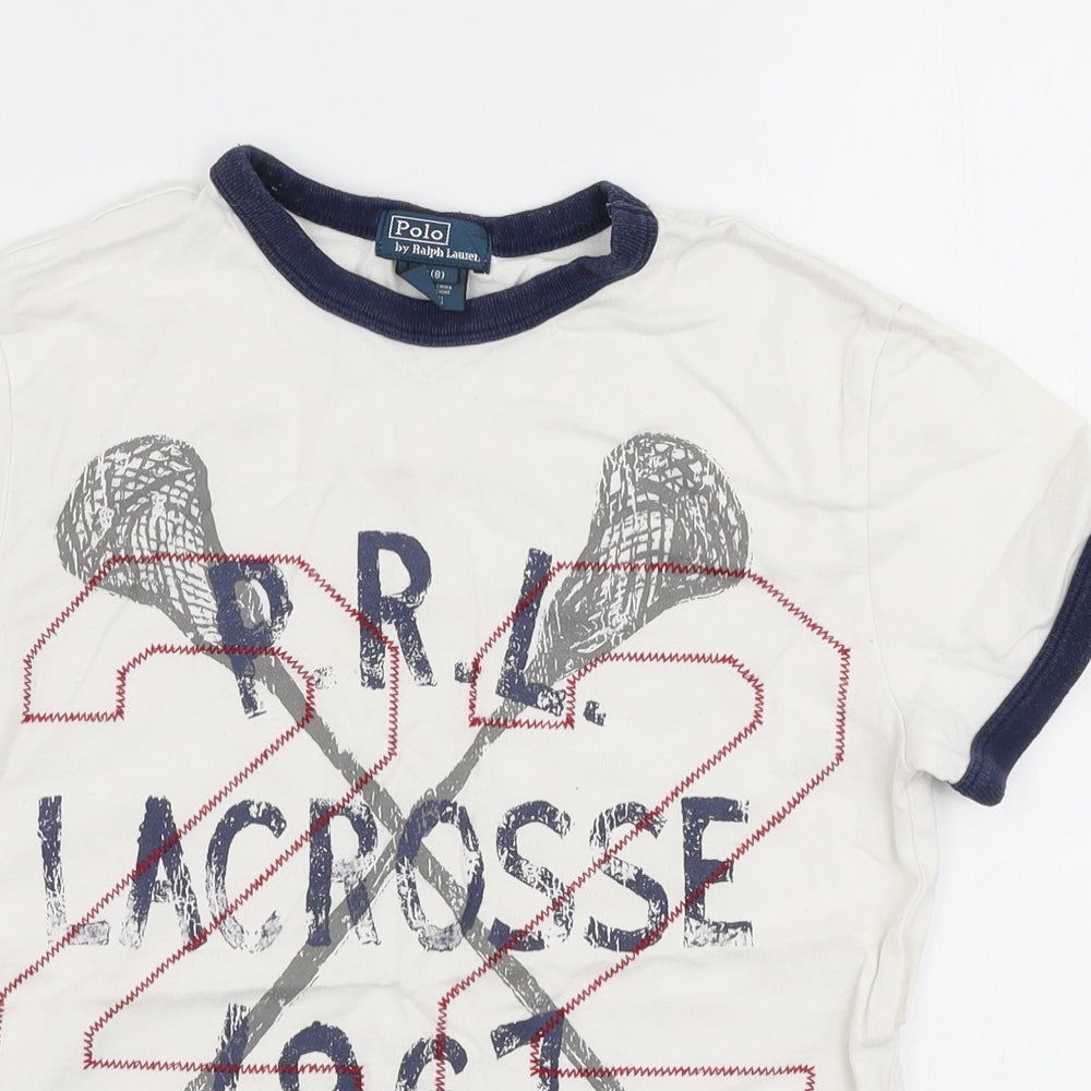 Ralph Lauren Boys White  100% Cotton Jersey T-Shirt Size 8 Years Round Neck Pullover - Lacrosse