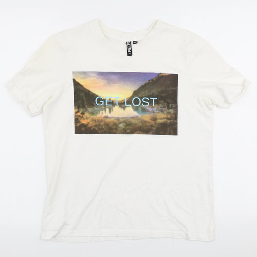 Pieces Womens White  Polyester Jersey T-Shirt Size XS Round Neck - Get lost