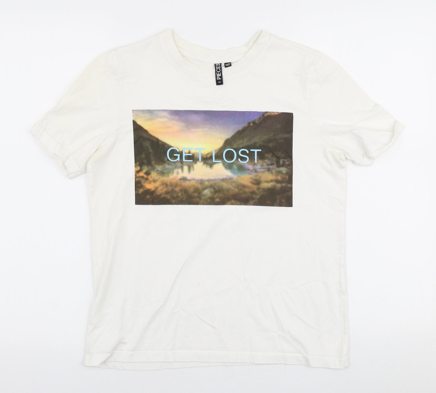 Pieces Womens White  Polyester Jersey T-Shirt Size XS Round Neck - Get lost