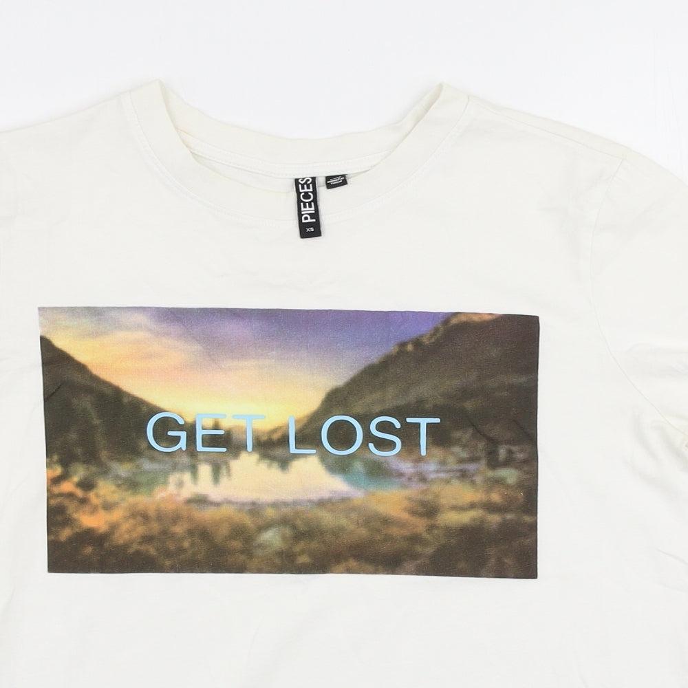 Pieces Womens White  Polyester Jersey T-Shirt Size XS Round Neck - Get lost