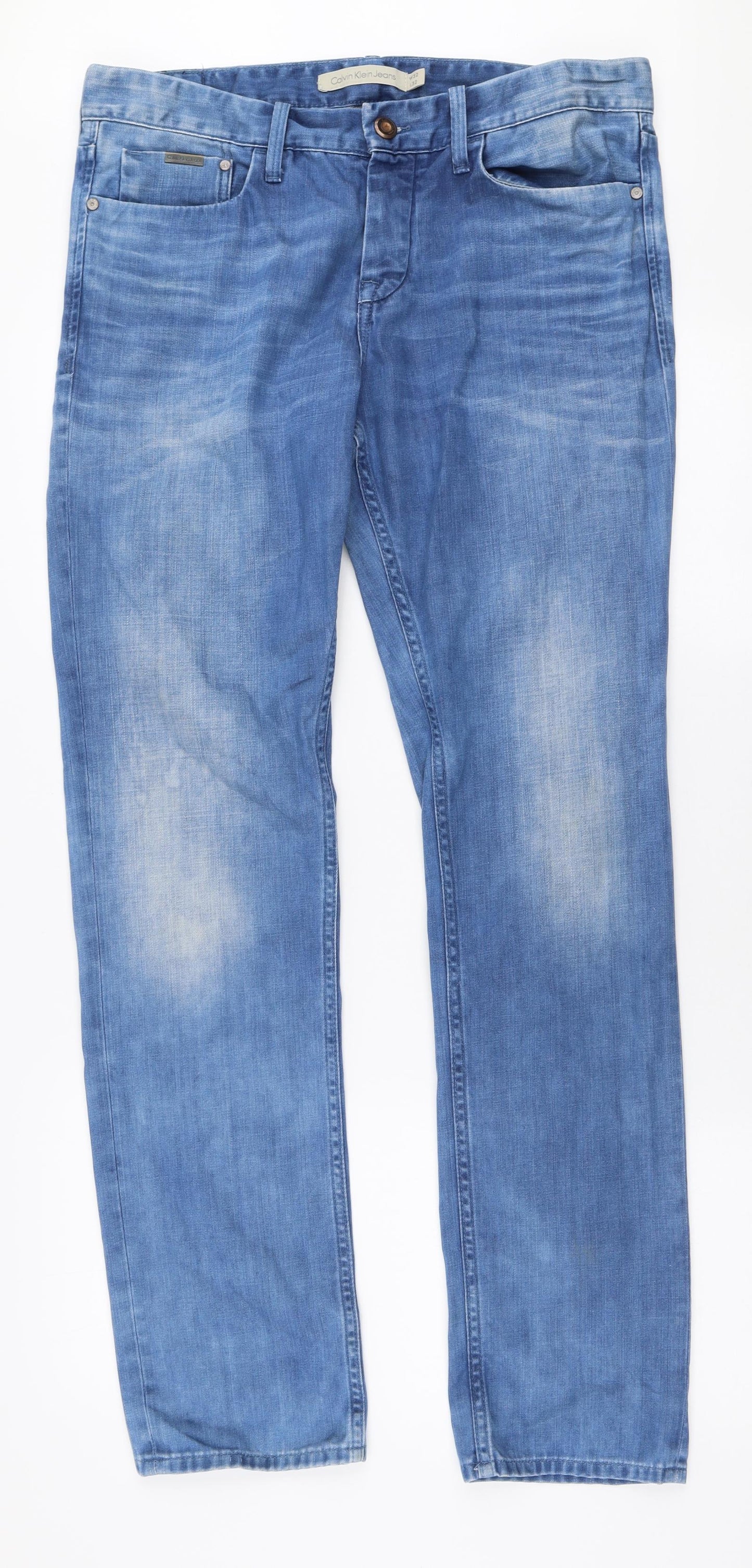 Calvin Klein Mens Blue  Cotton Straight Jeans Size 32 in L32 in Regular Button