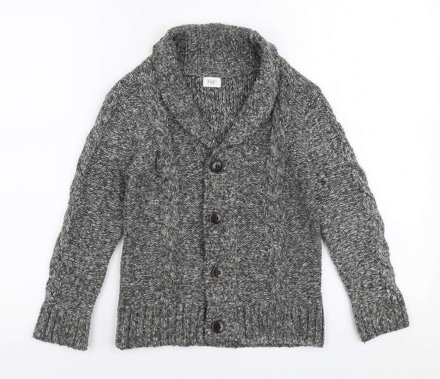 F&F Boys Grey Collared  Acrylic Cardigan Jumper Size 7-8 Years  Button