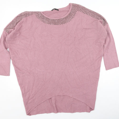 Studio Womens Pink Scoop Neck  Viscose Pullover Jumper One Size   - sequins around neckline