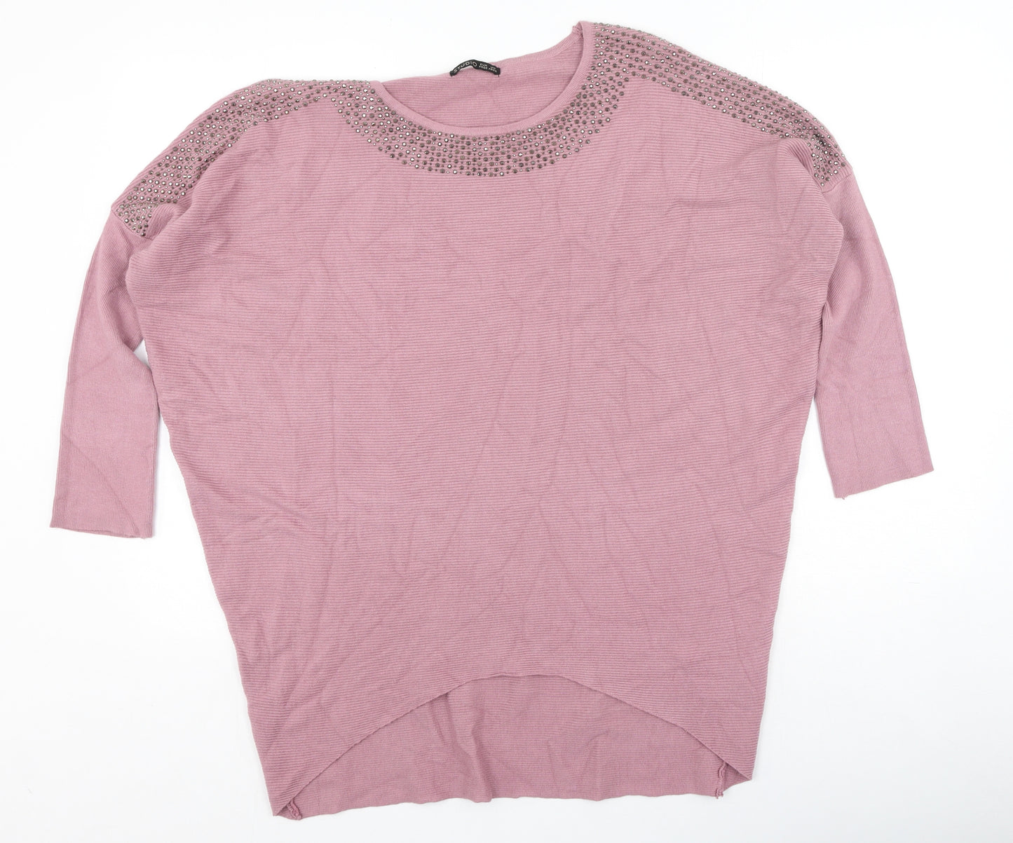 Studio Womens Pink Scoop Neck  Viscose Pullover Jumper One Size   - sequins around neckline
