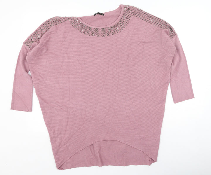 Studio Womens Pink Scoop Neck  Viscose Pullover Jumper One Size   - sequins around neckline
