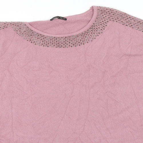 Studio Womens Pink Scoop Neck  Viscose Pullover Jumper One Size   - sequins around neckline