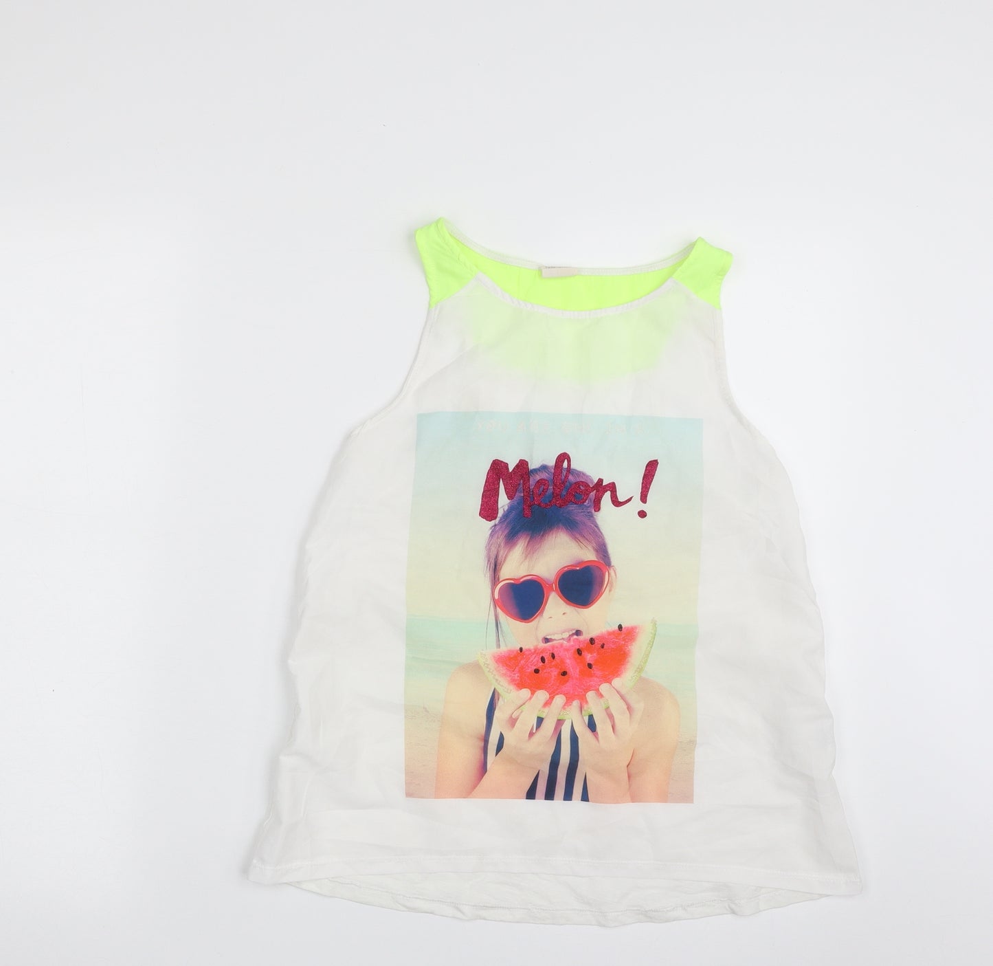 Zara Girls White  Polyester Basic Tank Size 13-14 Years Boat Neck Pullover - You Are one in a Melon