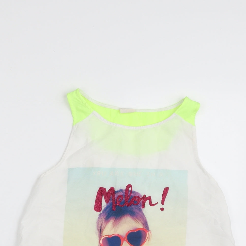 Zara Girls White  Polyester Basic Tank Size 13-14 Years Boat Neck Pullover - You Are one in a Melon