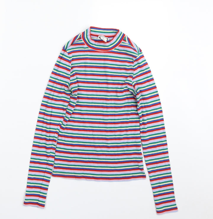 Monki Womens Multicoloured High Neck Striped Cotton Pullover Jumper Size XS
