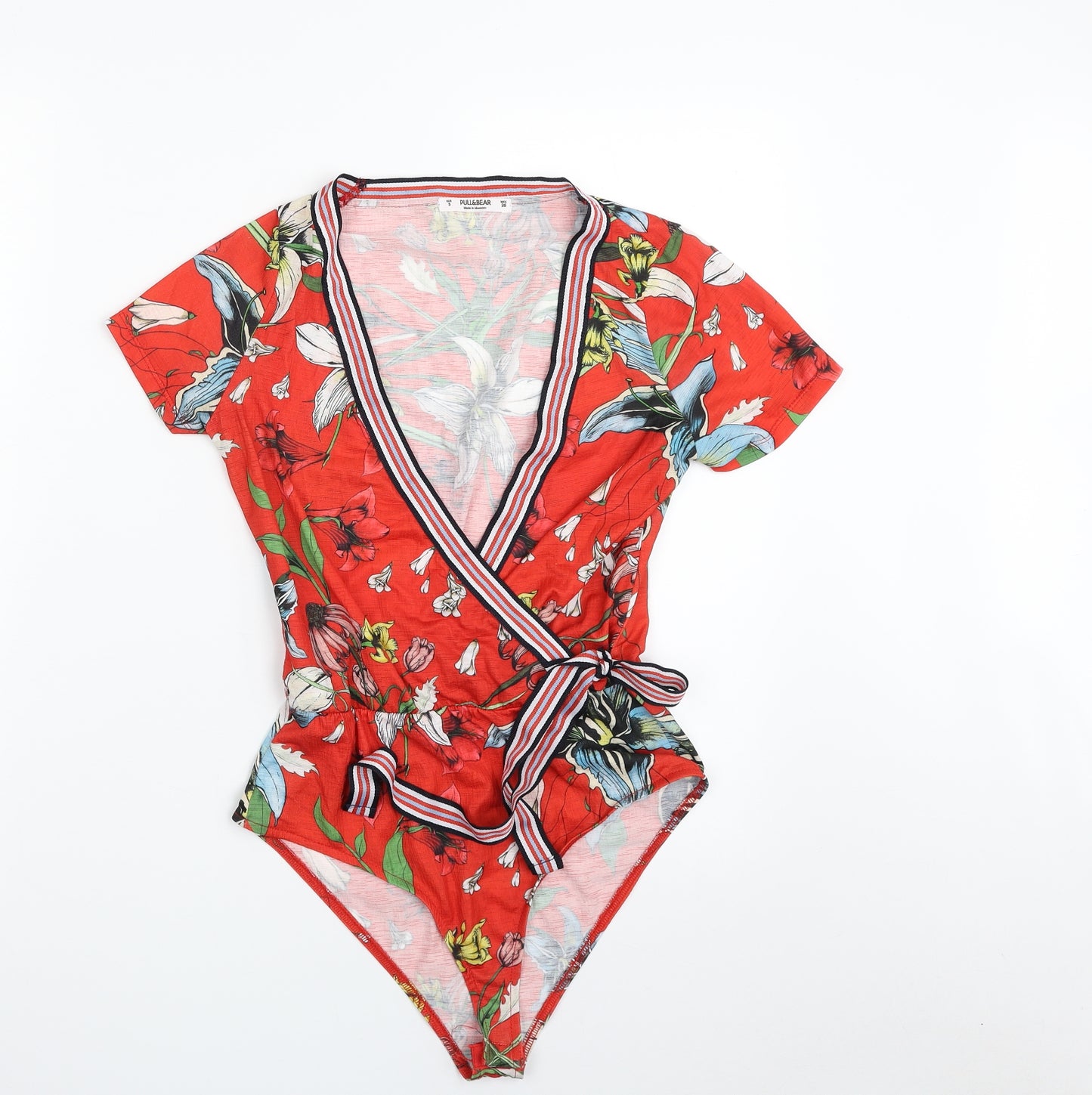 Pull&Bear Womens Red Floral Polyester Bodysuit One-Piece Size S  Snap - Item Length -28in