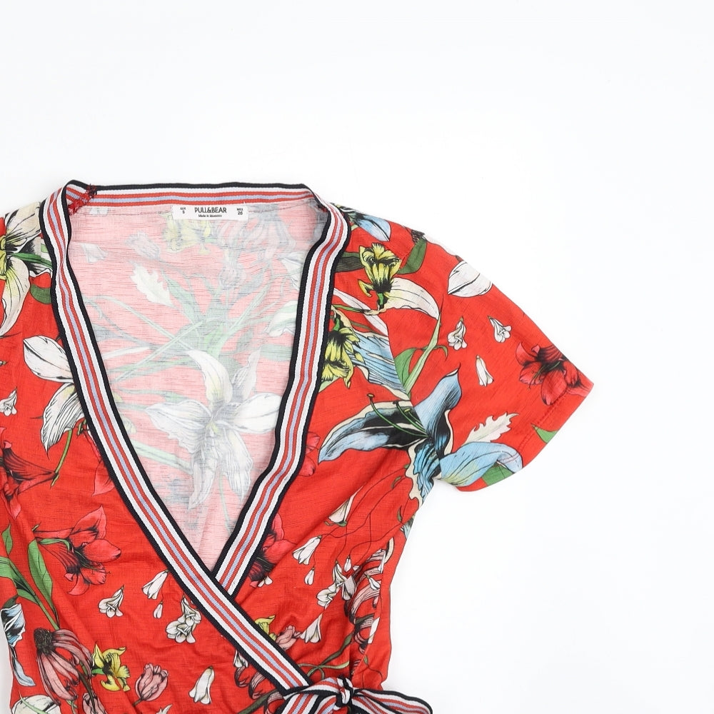 Pull&Bear Womens Red Floral Polyester Bodysuit One-Piece Size S  Snap - Item Length -28in