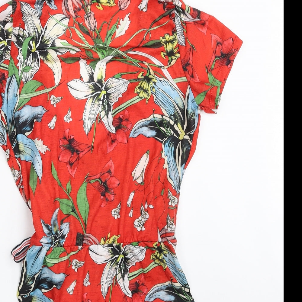 Pull&Bear Womens Red Floral Polyester Bodysuit One-Piece Size S  Snap - Item Length -28in