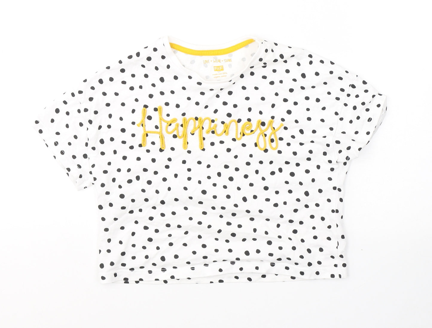 F&F Girls White Spotted Cotton Basic T-Shirt Size 7-8 Years Round Neck Pullover - Happiness