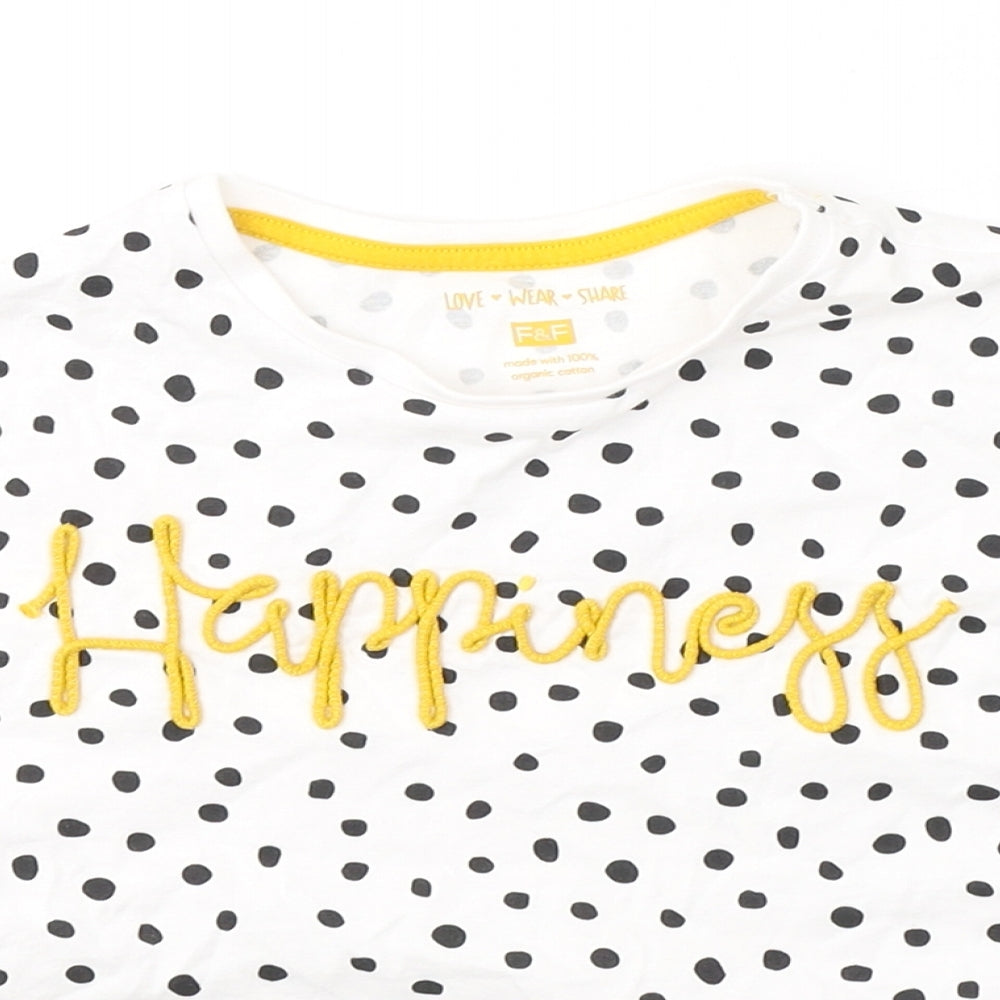 F&F Girls White Spotted Cotton Basic T-Shirt Size 7-8 Years Round Neck Pullover - Happiness