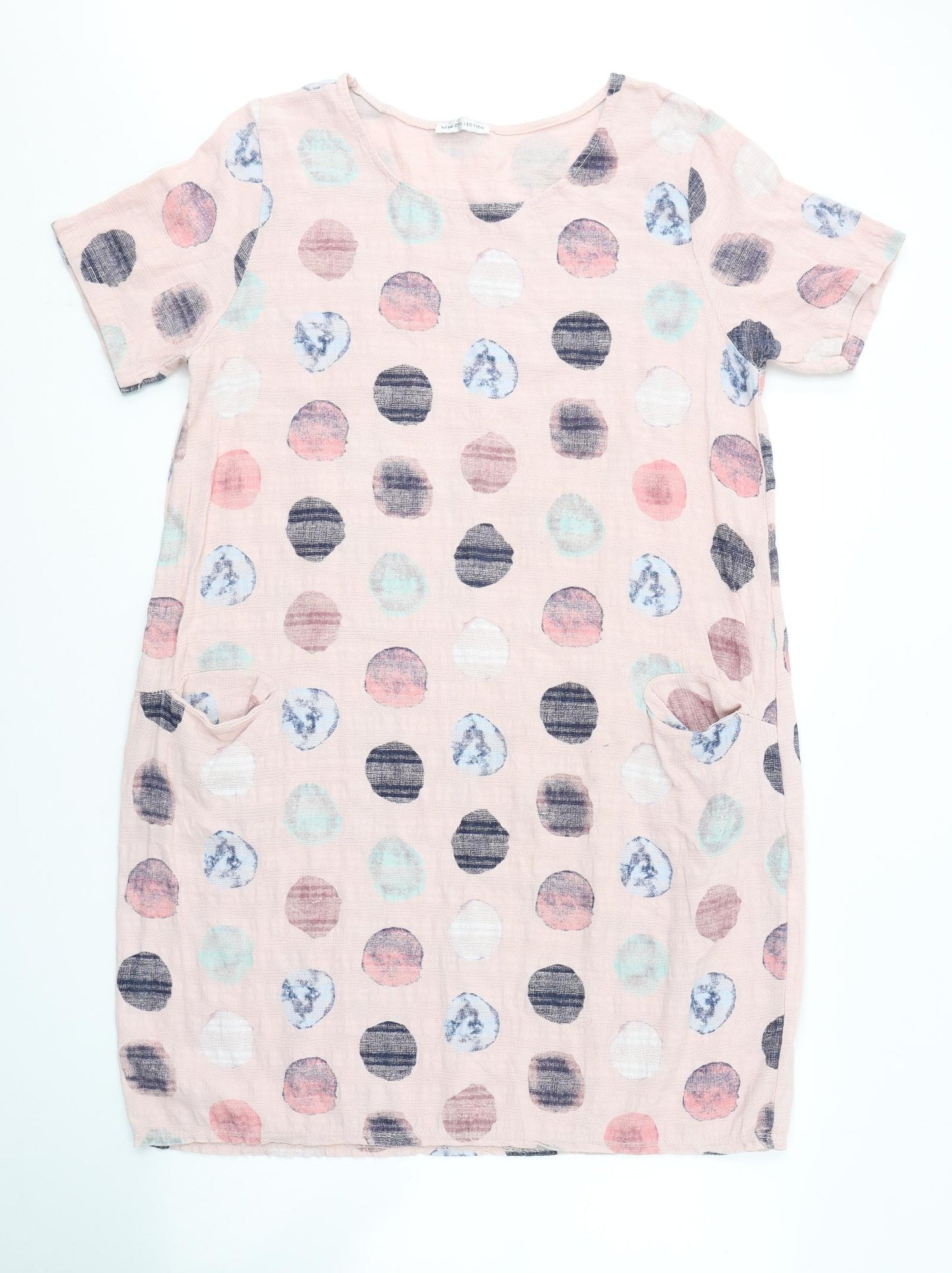 Made in Italy Womens Pink Polka Dot Cotton T-Shirt Dress  Size L  Round Neck Pullover