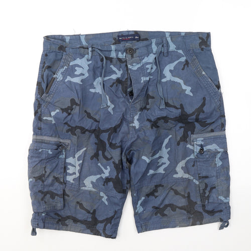 Smith & Jones Mens Blue Camouflage Cotton Cargo Shorts Size 38 L11 in Regular Button