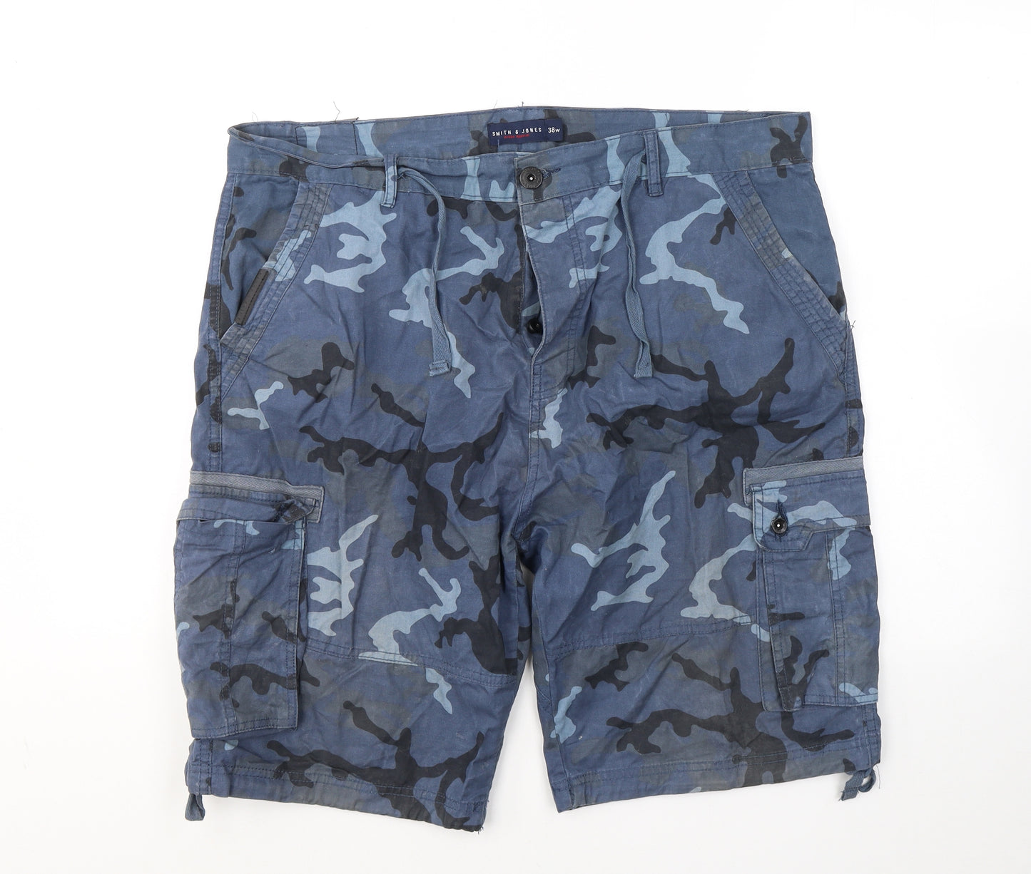 Smith & Jones Mens Blue Camouflage Cotton Cargo Shorts Size 38 L11 in Regular Button