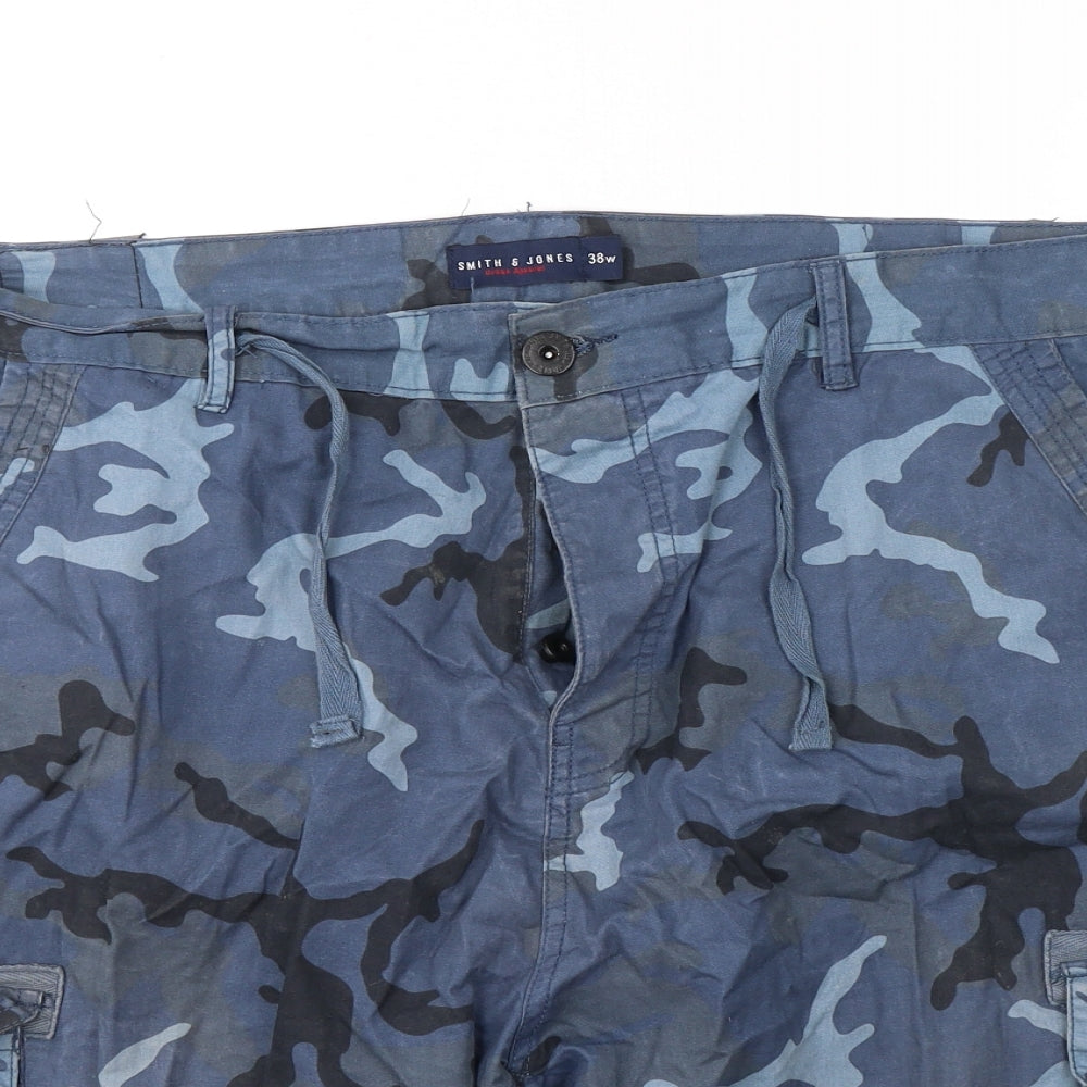 Smith & Jones Mens Blue Camouflage Cotton Cargo Shorts Size 38 L11 in Regular Button