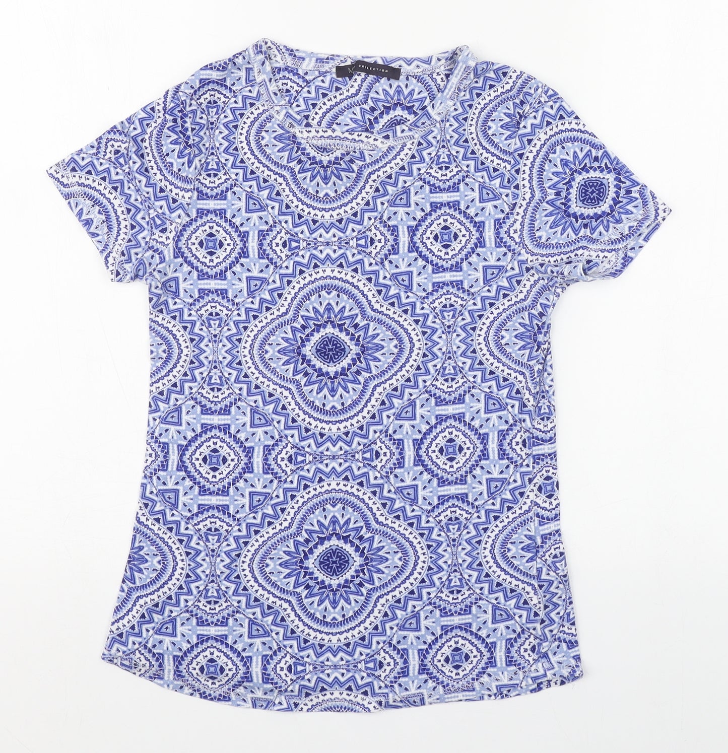 Marks and Spencer Womens Blue Geometric 100% Cotton Basic T-Shirt Size 8 Round Neck