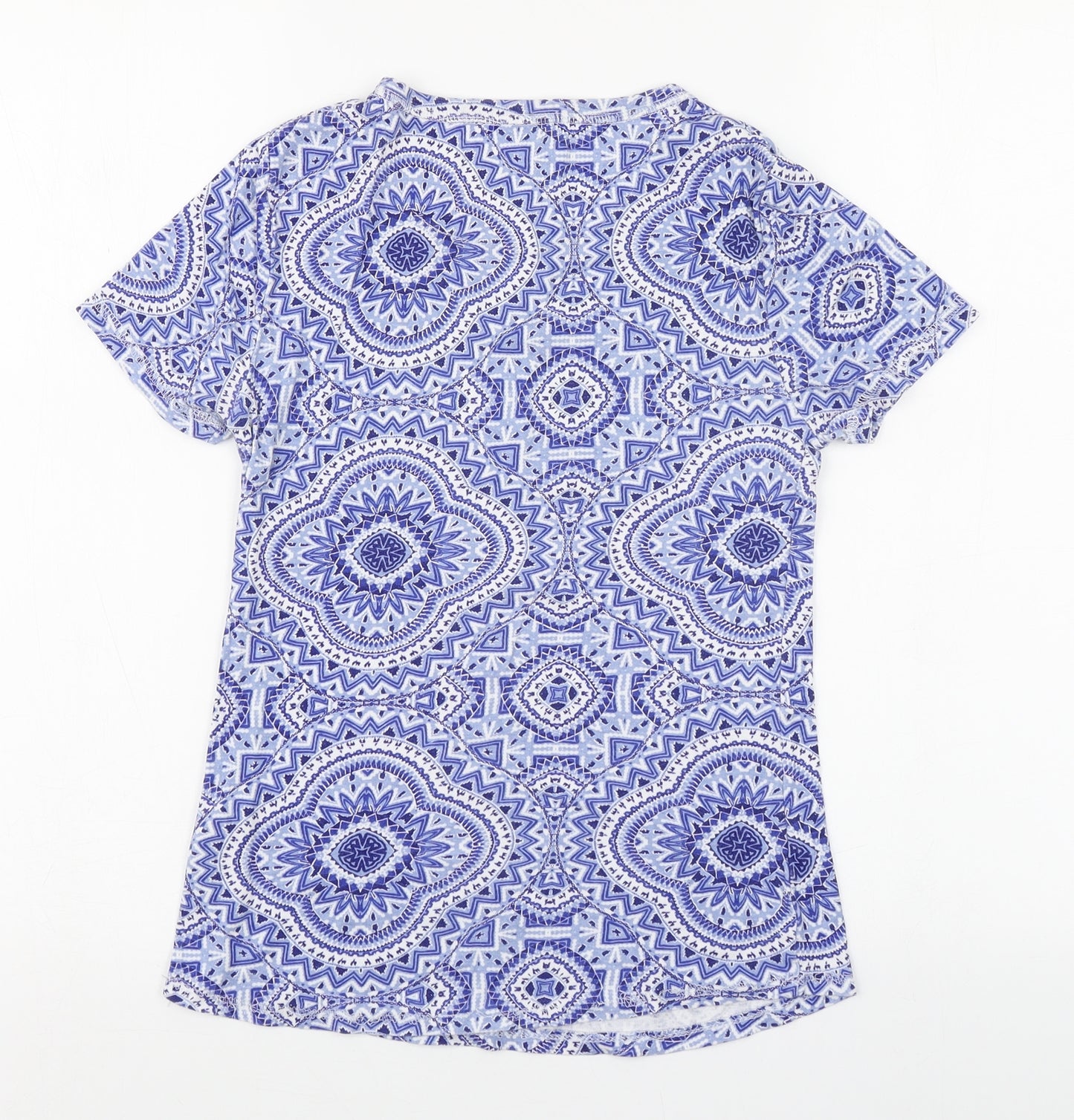 Marks and Spencer Womens Blue Geometric 100% Cotton Basic T-Shirt Size 8 Round Neck