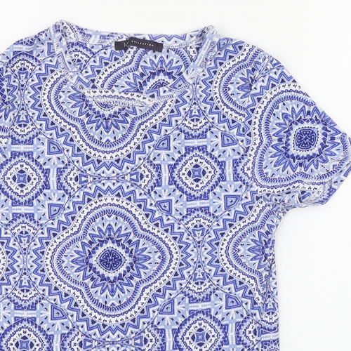 Marks and Spencer Womens Blue Geometric 100% Cotton Basic T-Shirt Size 8 Round Neck
