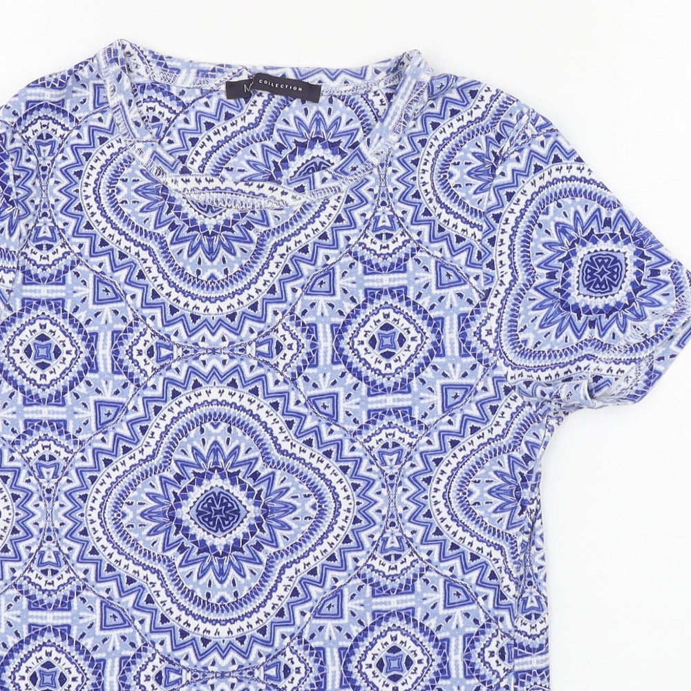 Marks and Spencer Womens Blue Geometric 100% Cotton Basic T-Shirt Size 8 Round Neck