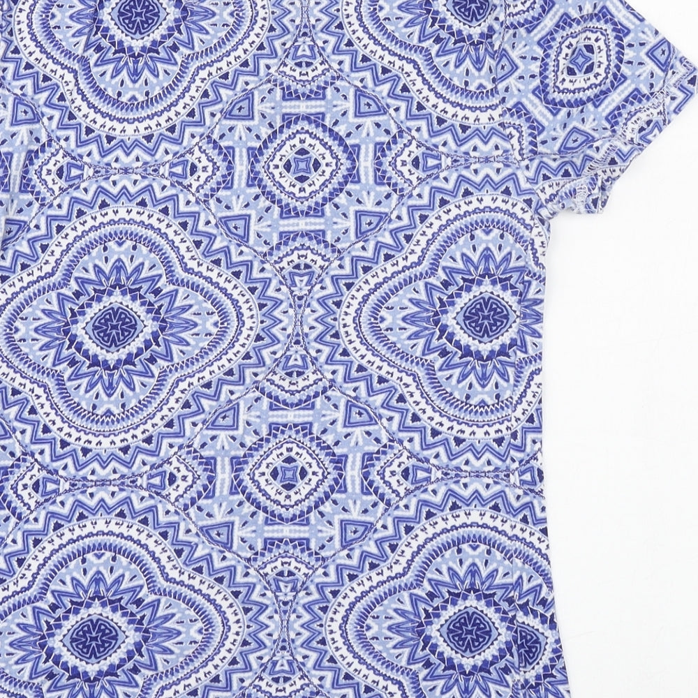 Marks and Spencer Womens Blue Geometric 100% Cotton Basic T-Shirt Size 8 Round Neck