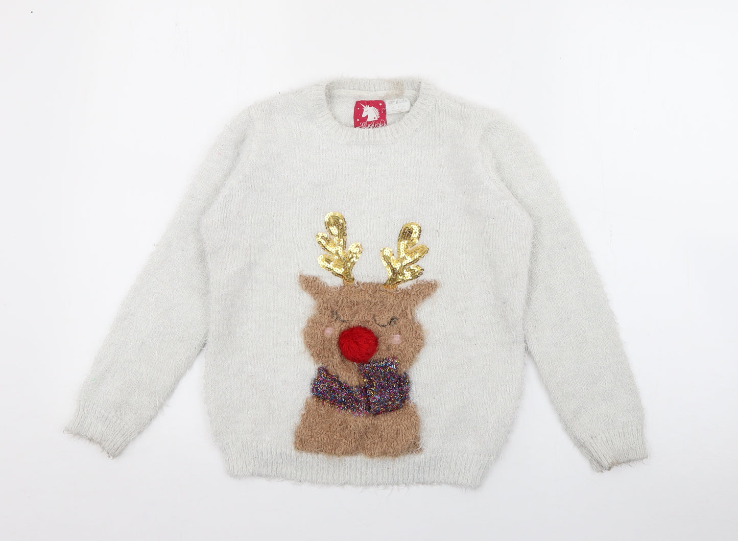F&F Girls Grey Crew Neck  Polyester Pullover Jumper Size 8-9 Years   - Rudolph Christmas Jumper