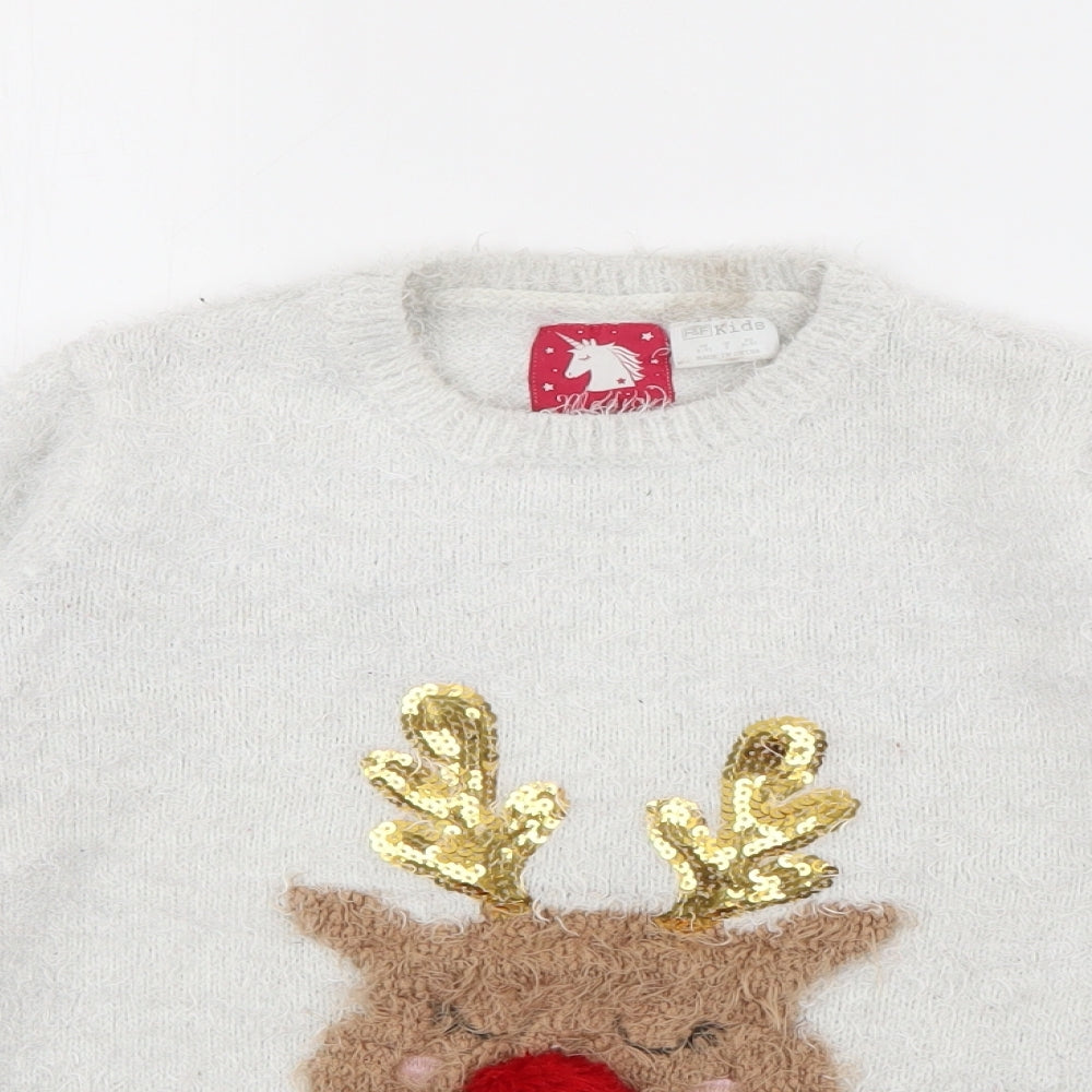 F&F Girls Grey Crew Neck  Polyester Pullover Jumper Size 8-9 Years   - Rudolph Christmas Jumper