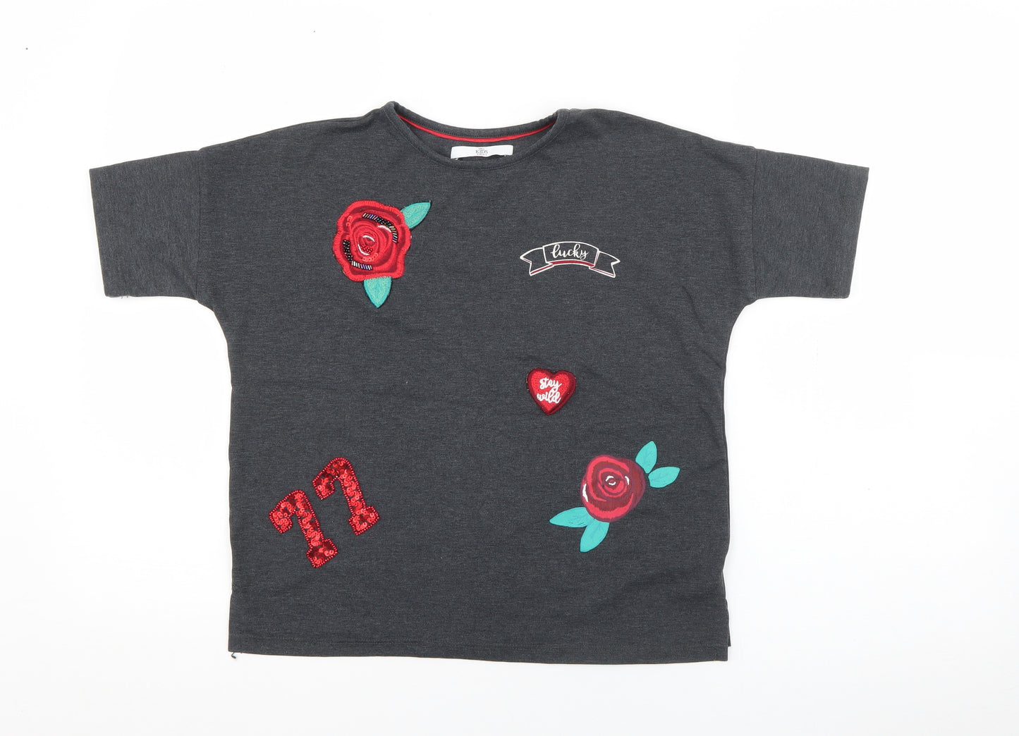 Marks and Spencer Girls Grey  Cotton Basic T-Shirt Size 9-10 Years Crew Neck