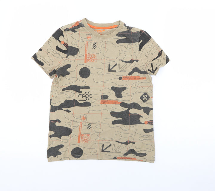 F& Boys Brown Camouflage Cotton Basic T-Shirt Size 7-8 Years Crew Neck