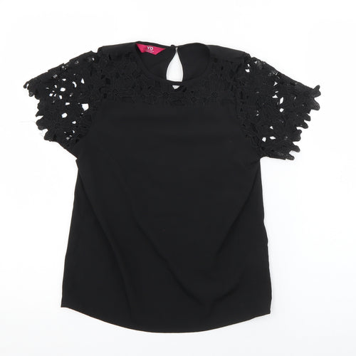 Young Dimension Girls Black  Polyester Basic Blouse Size 9-10 Years Round Neck Button