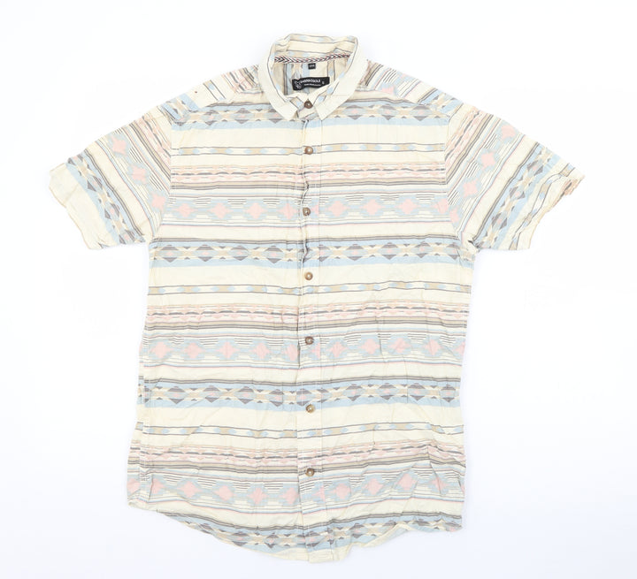 Twisted Soul Mens Beige Geometric Cotton Button-Up Size S Collared Button